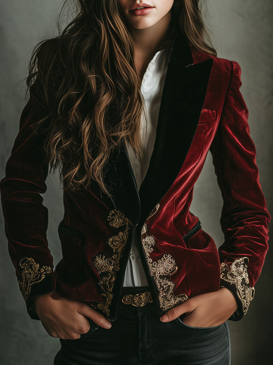 Elegant black gold embroidered velvet blazer front view