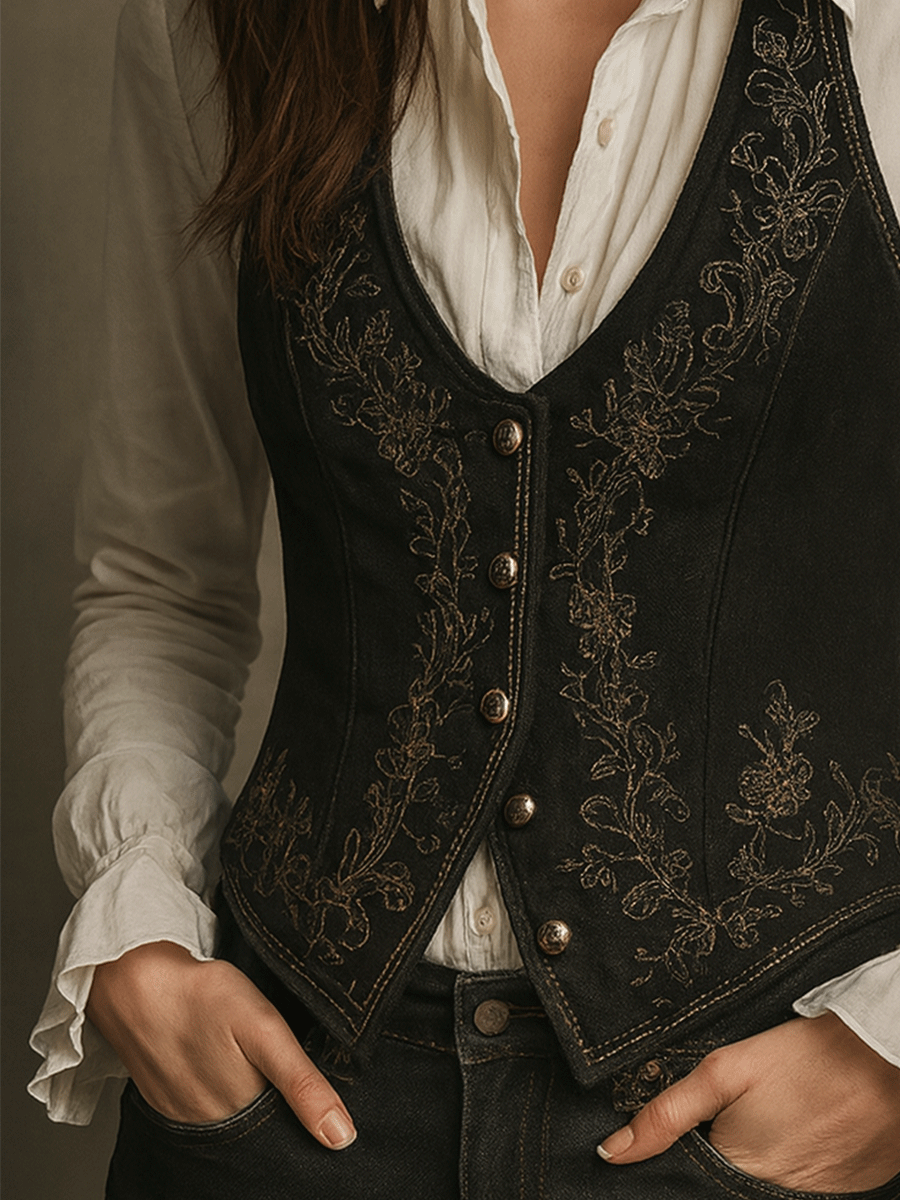 Black velvet embroidery waistcoat detail view