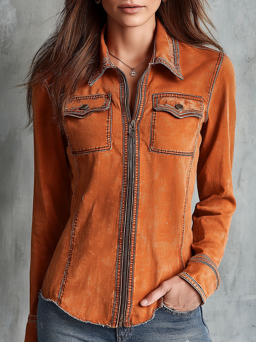 Vintage burnt orange utility zip denim jacket front view