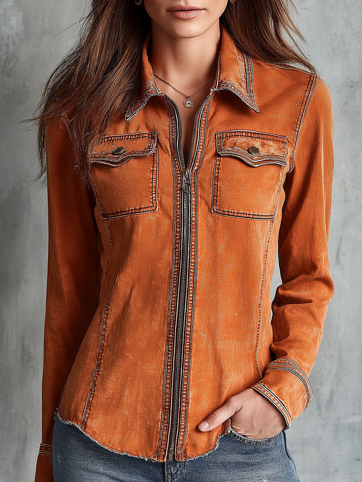 Vintage burnt orange utility zip denim jacket front view