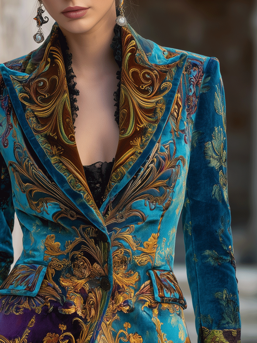 Bohemian velvet baroque blazer back view