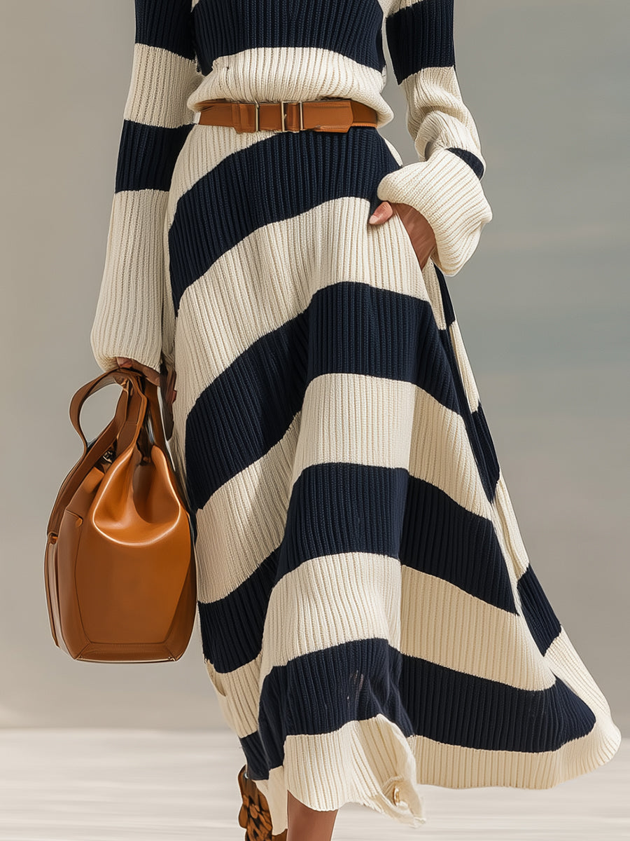 Grace navy striped dress back – long sleeve turtleneck women