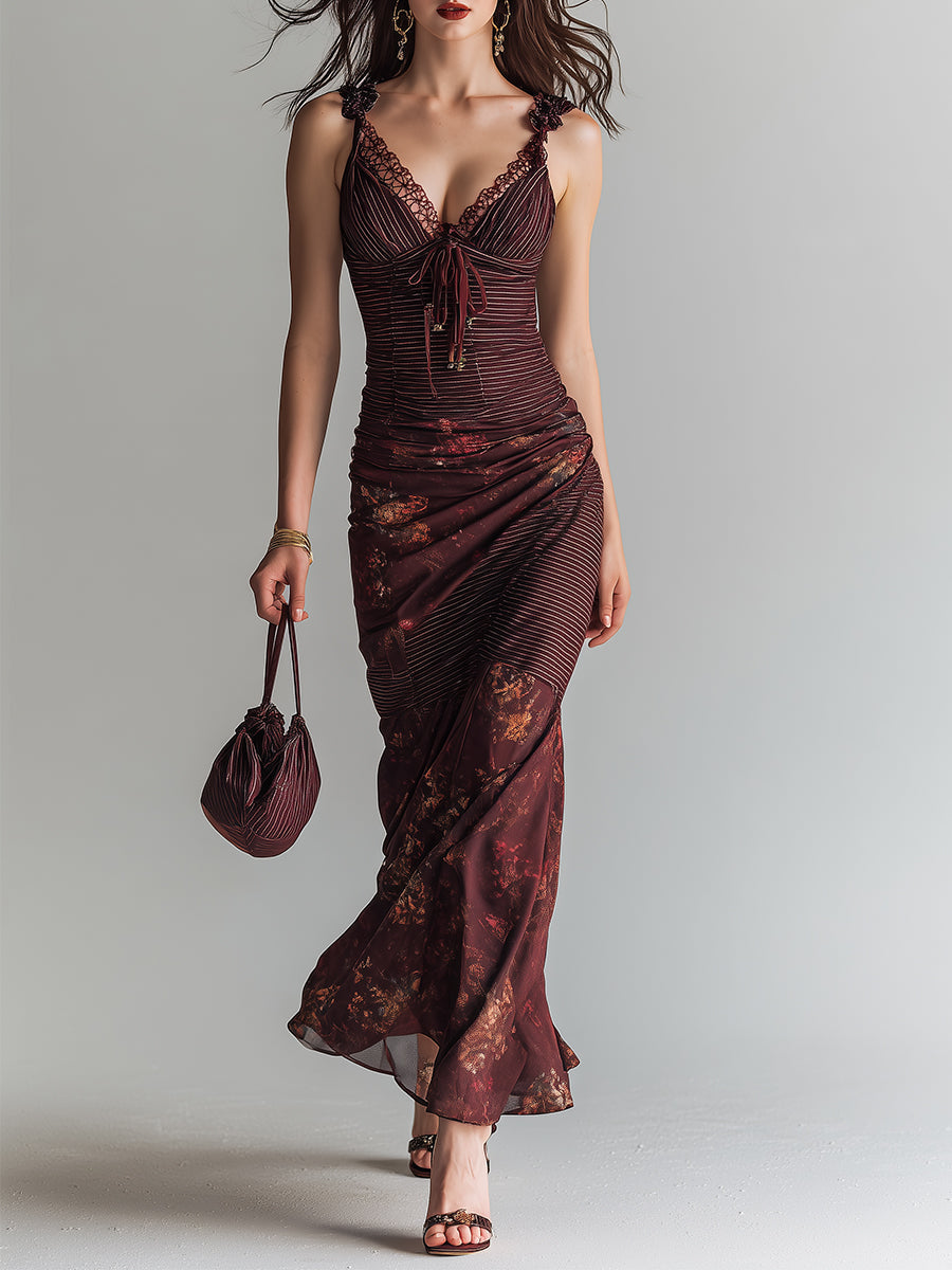 Retro striped flower suspender maxi dress front view