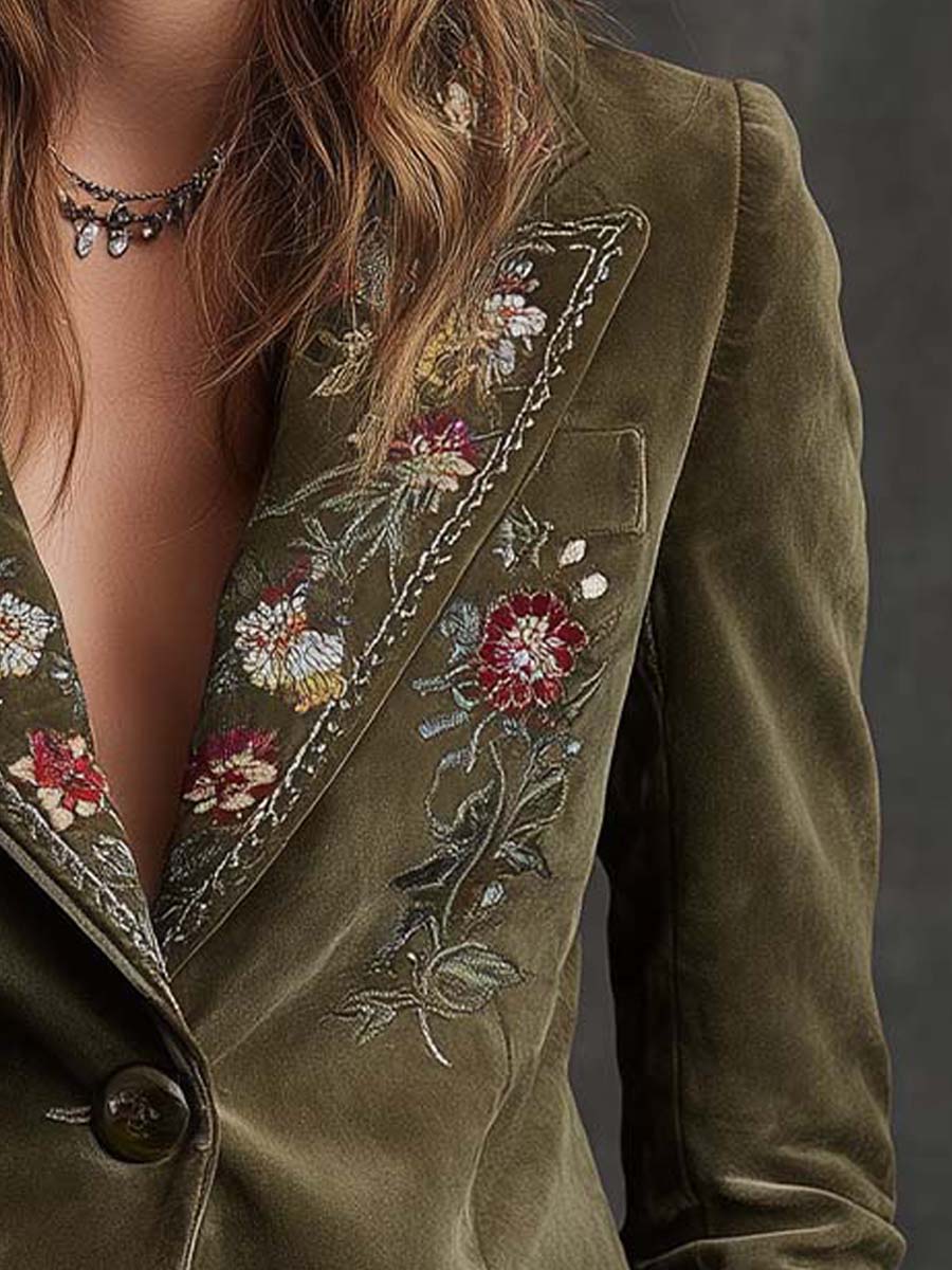 Olive green velvet blazer intricate floral embroidery side view