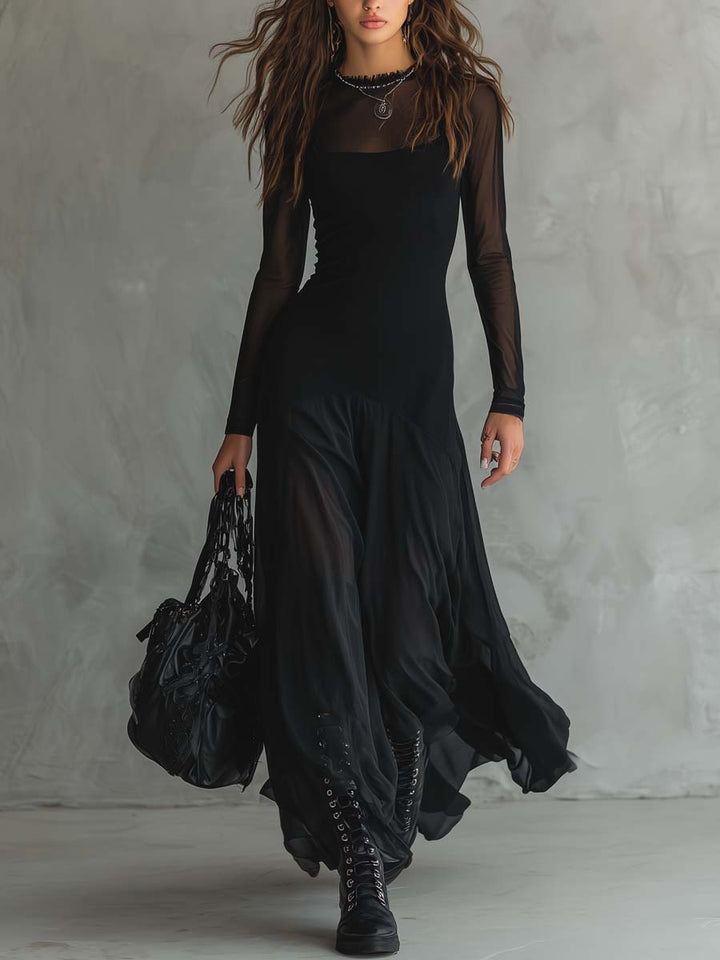 Retro sheer sleeves maxi dress front view
