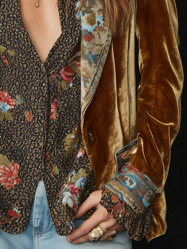 Velvet floral patchwork blazer detail view