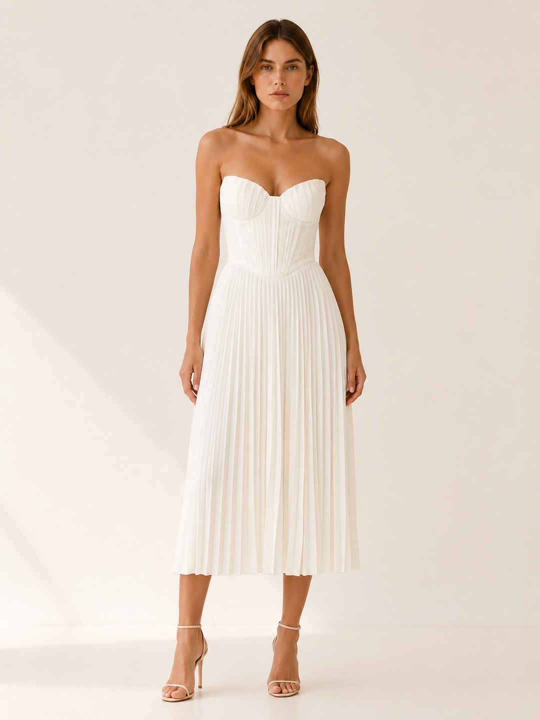 White Corset Midi Dress with Pleated Skirt – front view