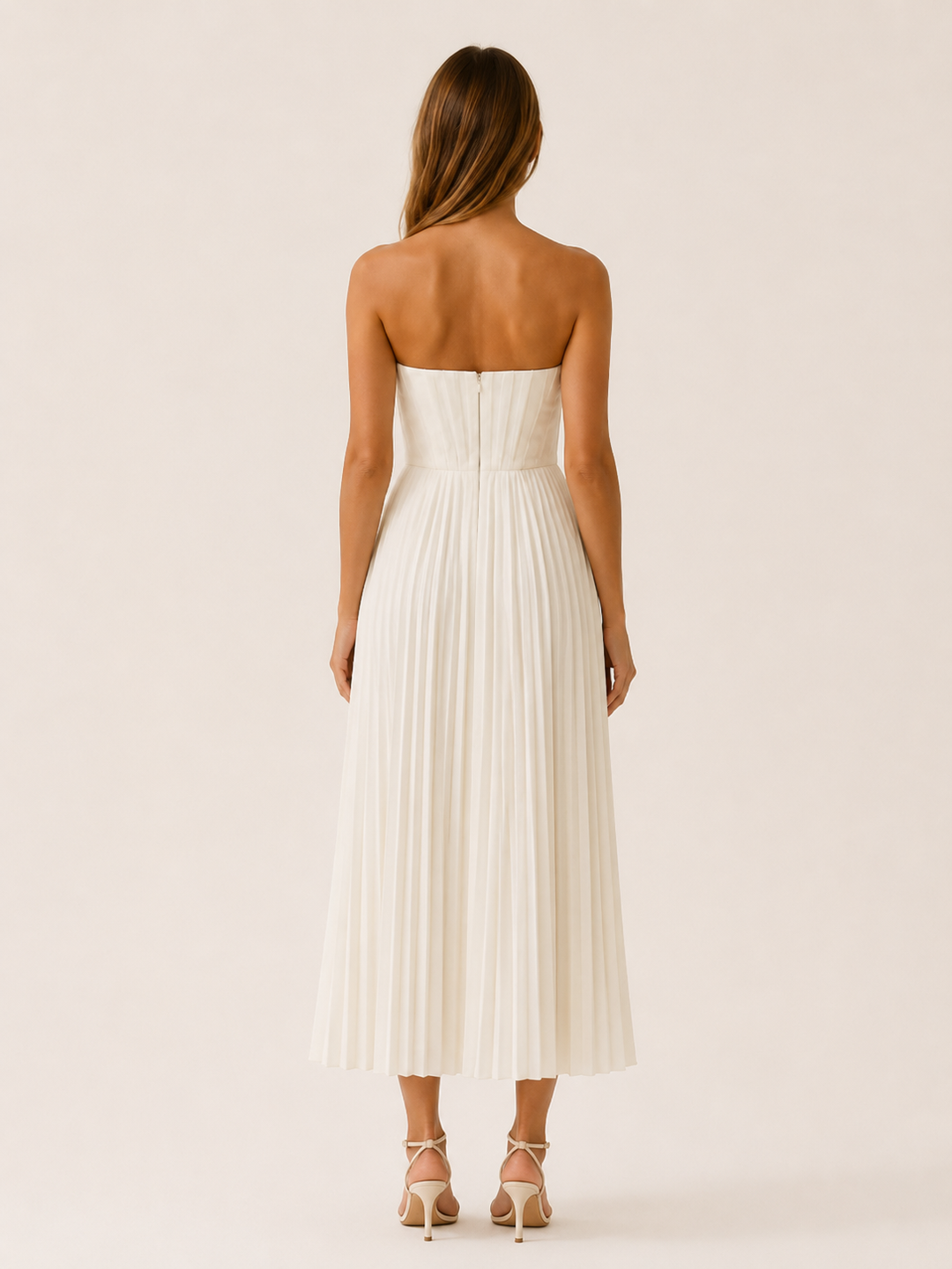 White Corset Midi Dress with Pleated Skirt – back view