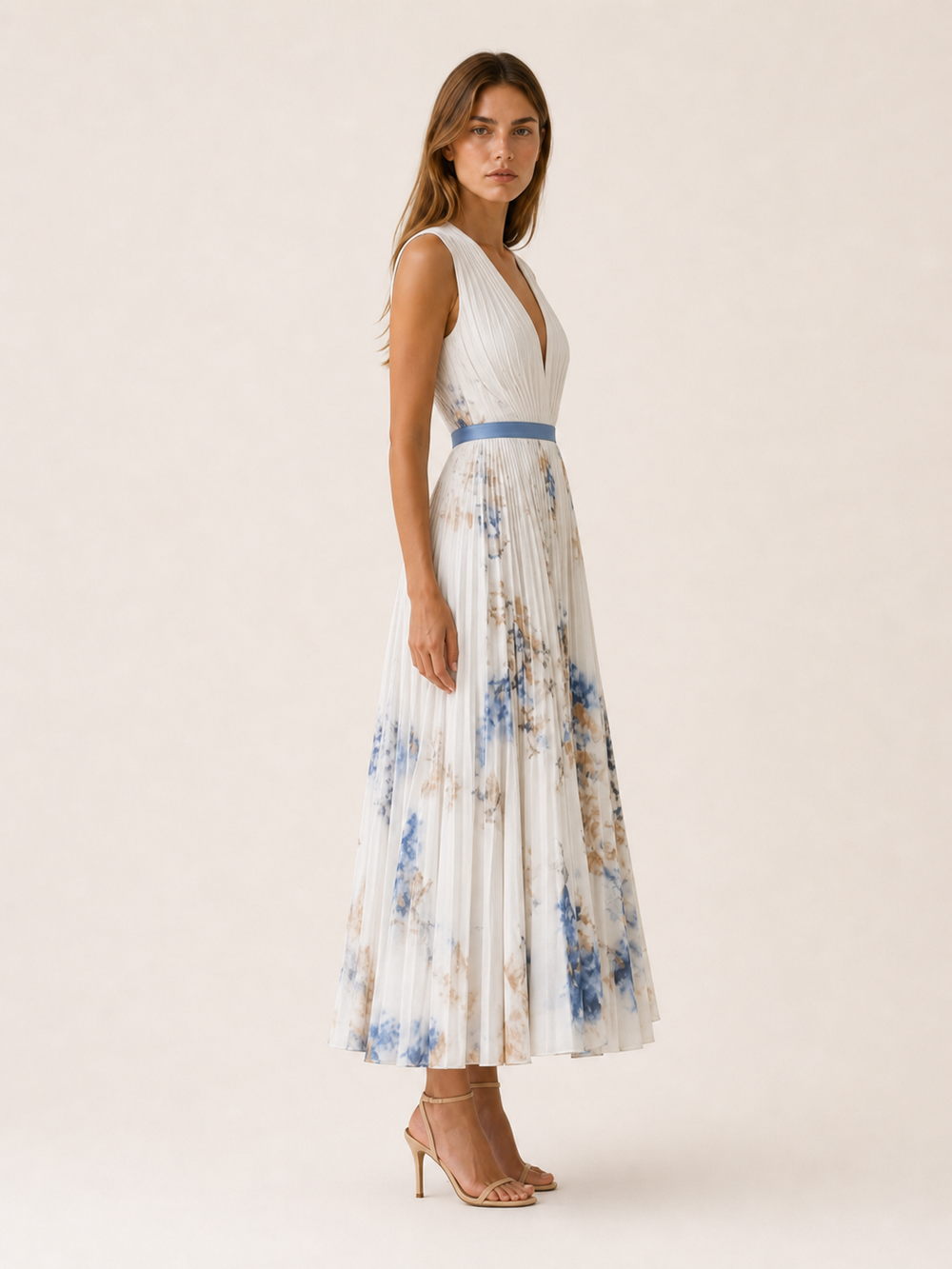 Beige Flowy Maxi Dress Pleated Skirt Sleeveless – side view
