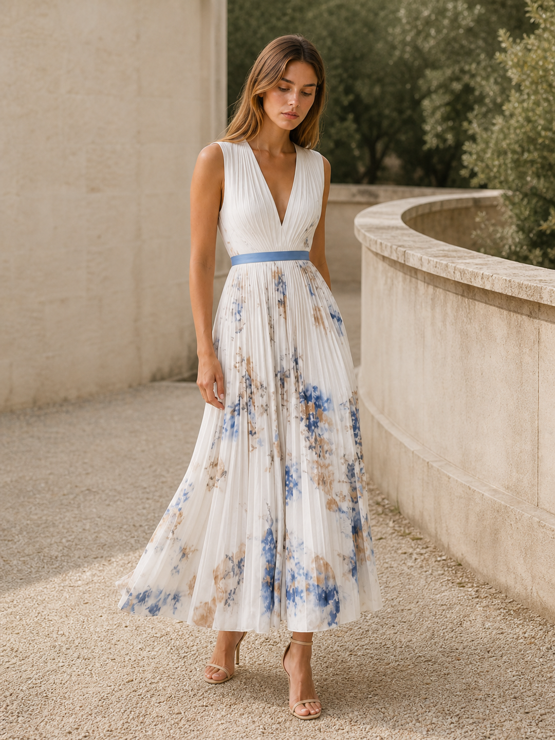 Beige Flowy Maxi Dress Pleated Skirt Sleeveless – back view
