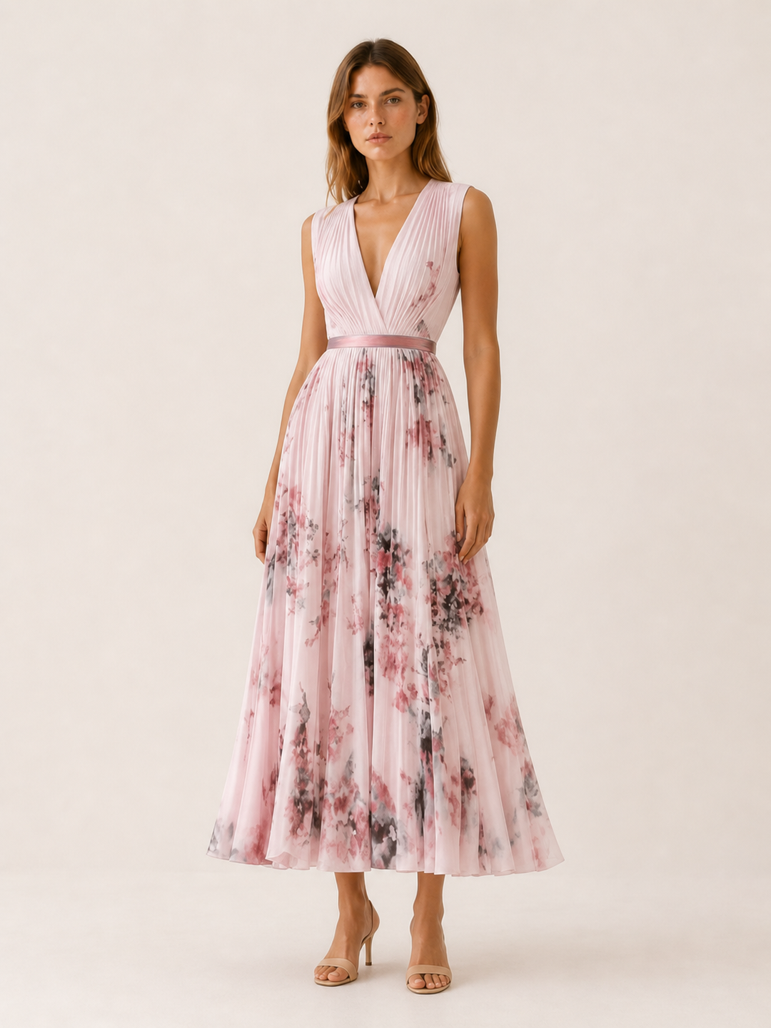 Beige Flowy Maxi Dress Pleated Skirt Sleeveless – detail view