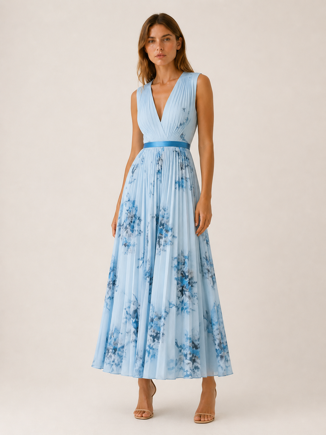 Beige Flowy Maxi Dress Pleated Skirt Sleeveless – lifestyle
