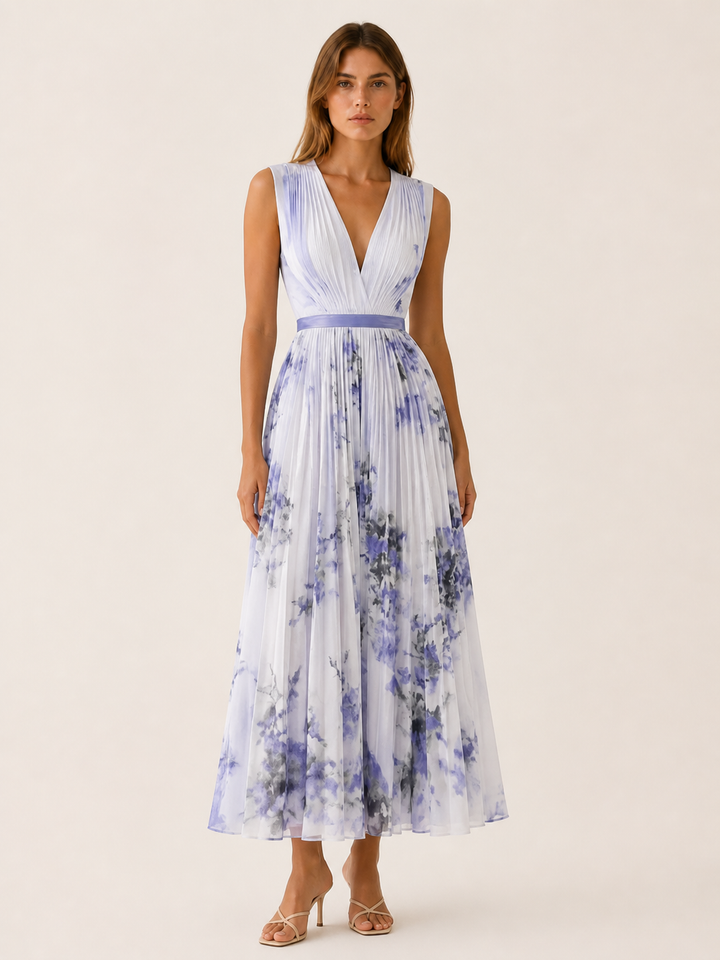 Beige Flowy Maxi Dress Pleated Skirt Sleeveless – full length view