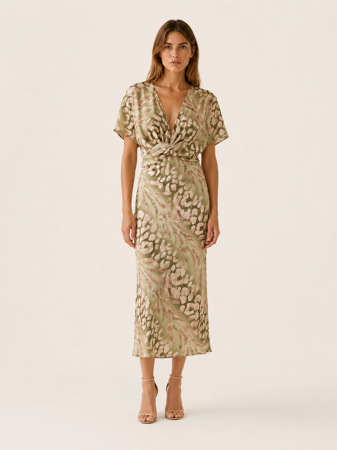 Green Floral Midi Dress with V Neck and Pleated Skirt – front view