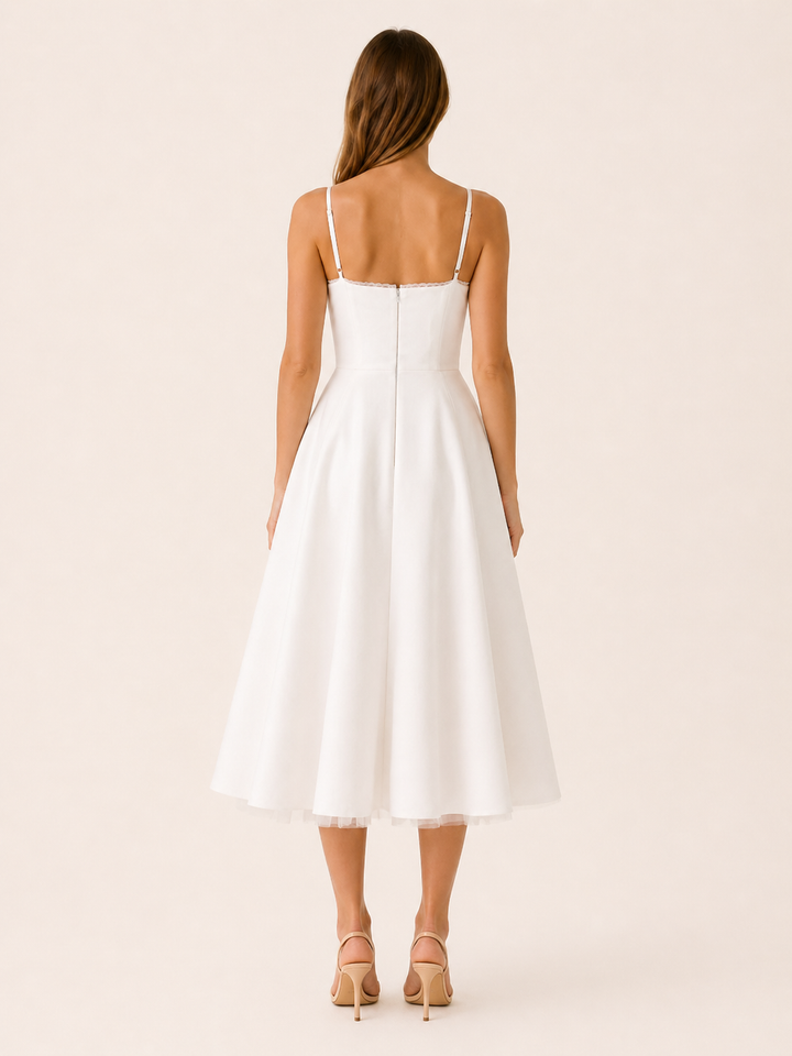 Pink Satin Corset Midi Dress with Tulle Skirt – side view