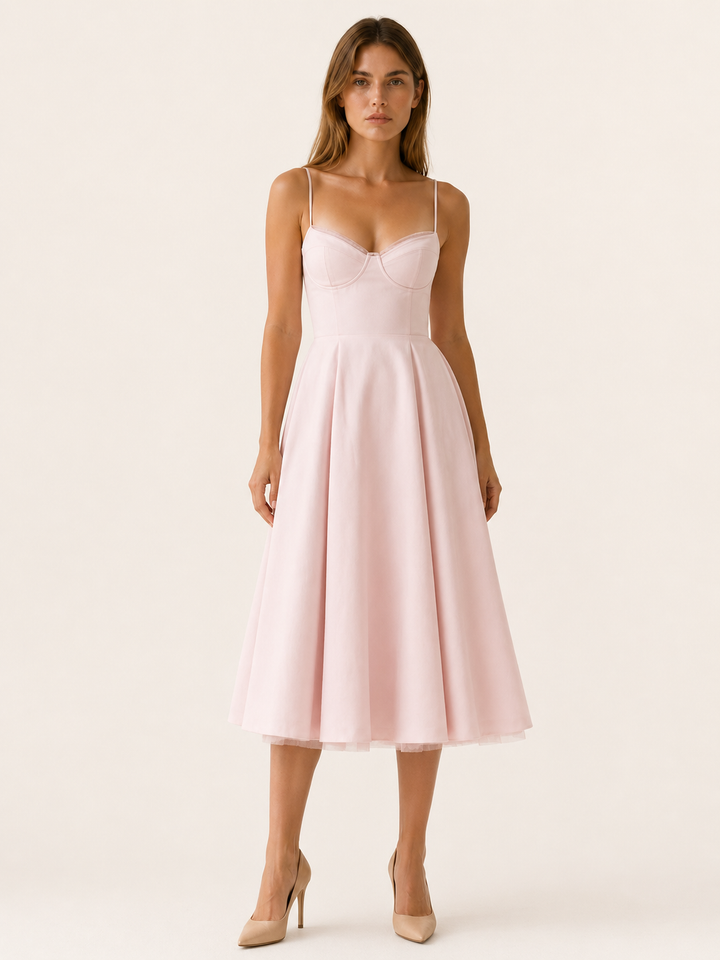 Pink Satin Corset Midi Dress with Tulle Skirt – detail view