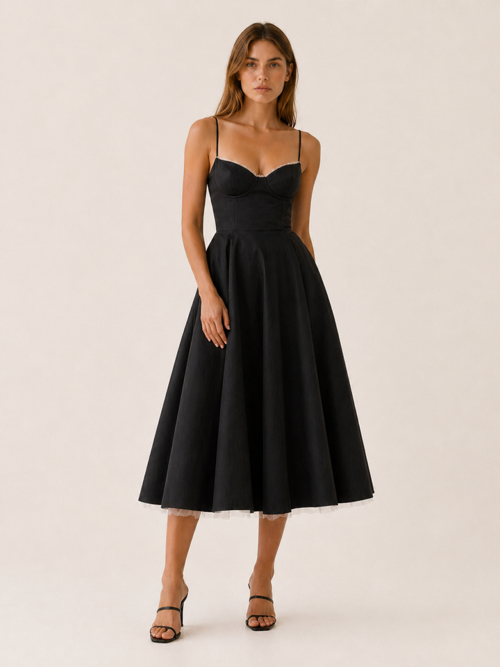 White Satin Corset Midi Dress with Tulle Skirt – close-up