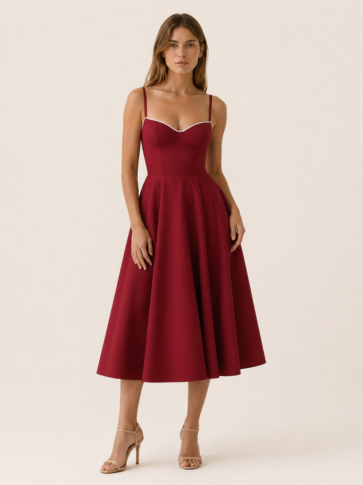 White Satin Corset Midi Dress with Tulle Skirt – full length view