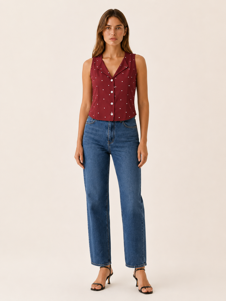 Red Polka Dot Vest with V Neck and Tie Back – front view
