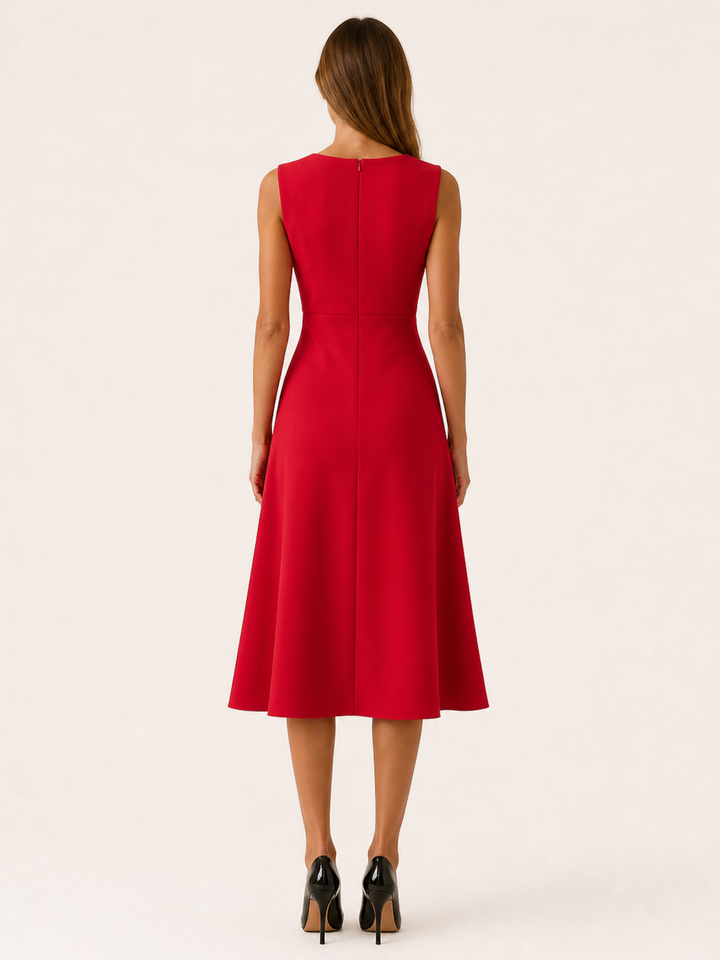 Navy Blue Midi Dress with Asymmetric Draped Detail – side view