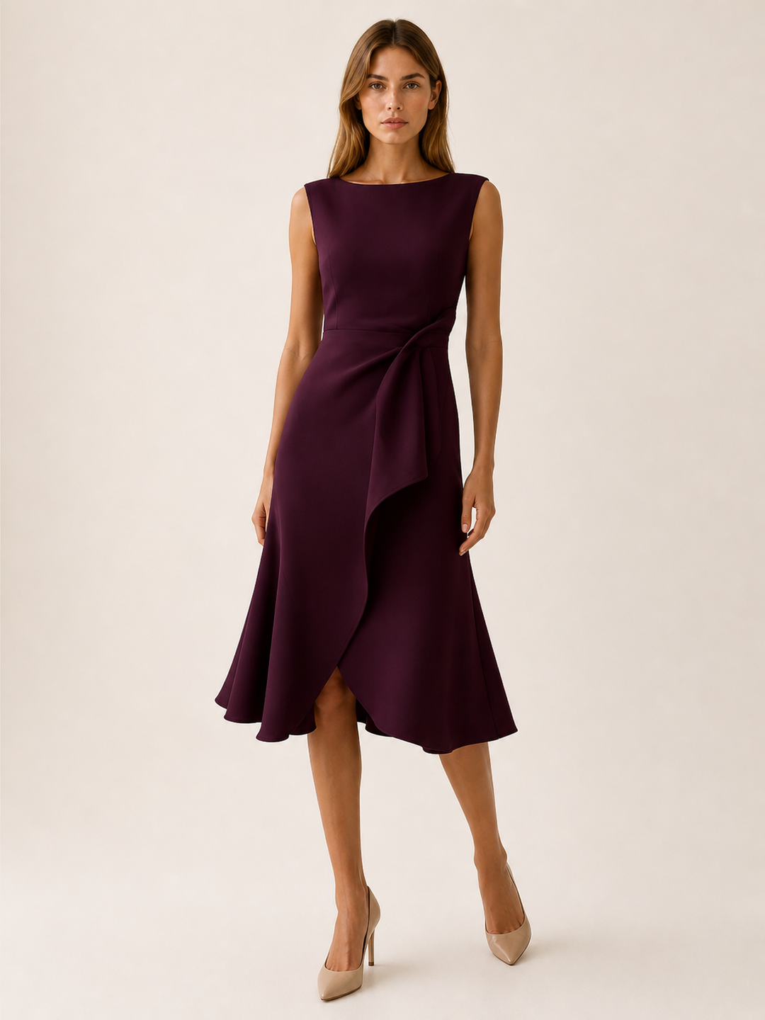 Red Midi Dress with Asymmetric Draped Detail – close-up