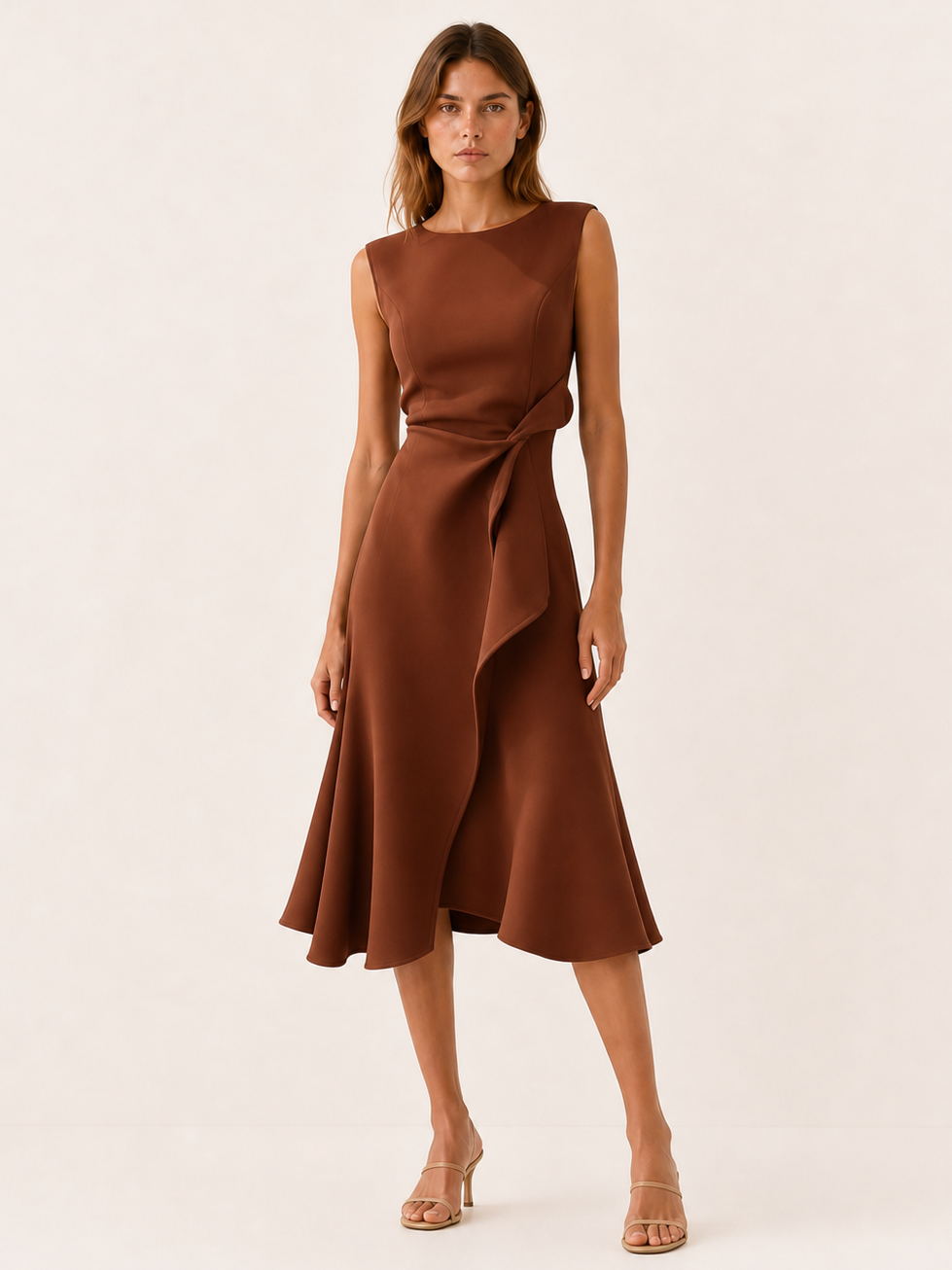 Navy Blue Midi Dress with Asymmetric Draped Detail – lifestyle