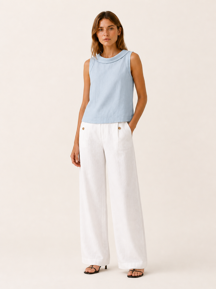 Grey Sleeveless Top with Roll Collar Linen Blend – close-up