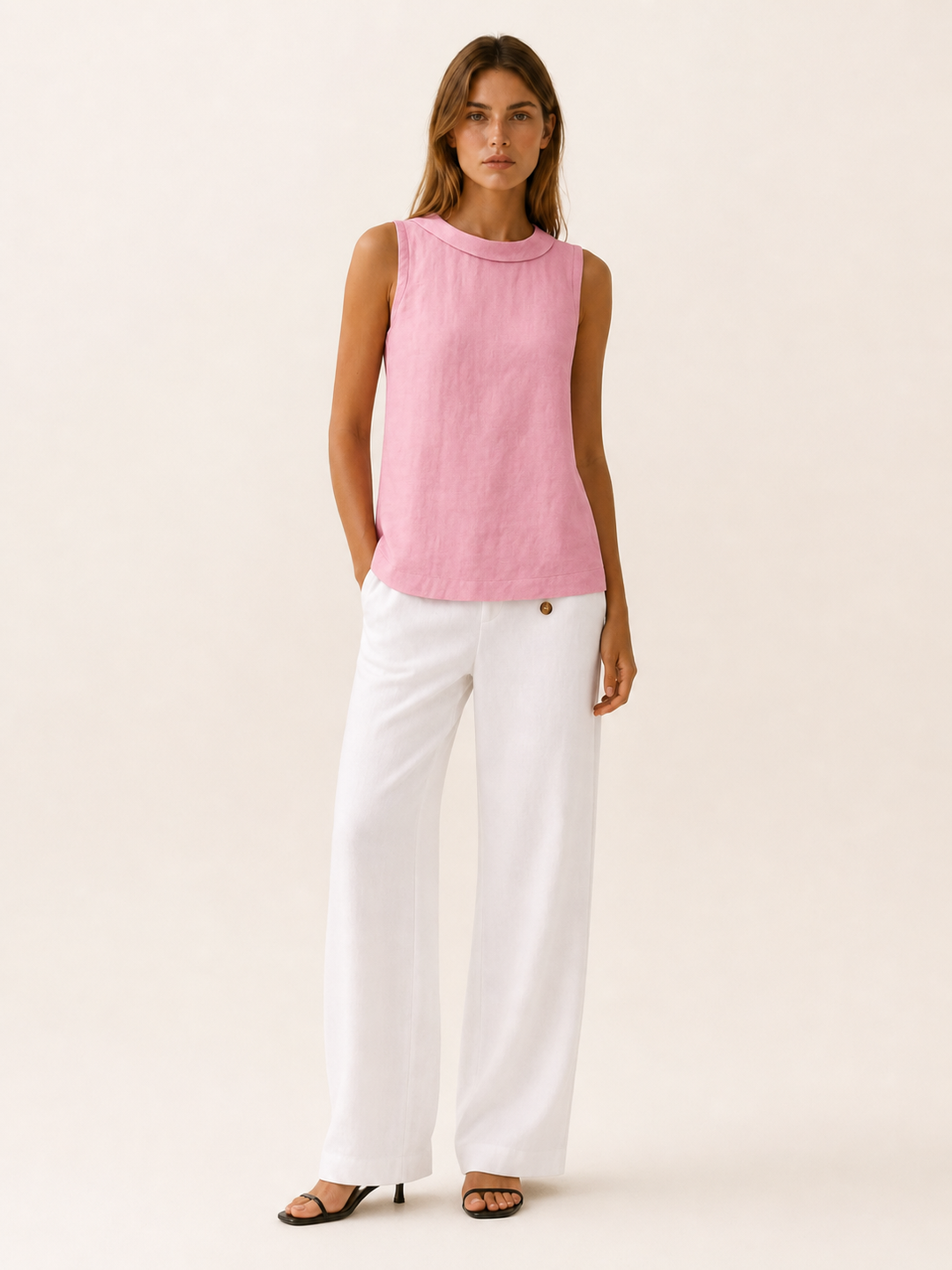 Grey Sleeveless Top with Roll Collar Linen Blend – full length view