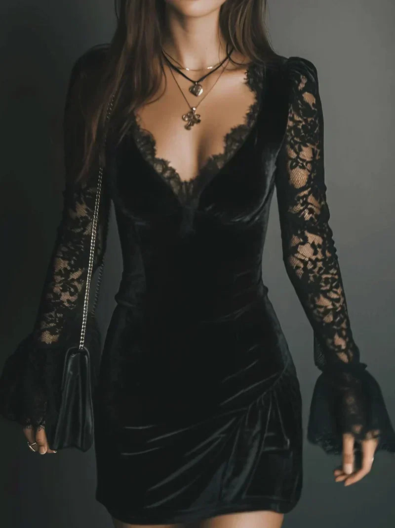 Aria black velvet and lace mini dress – front view