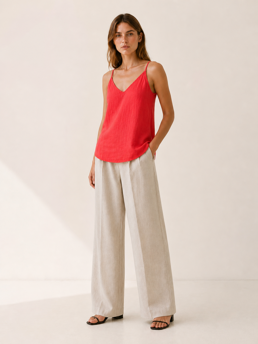 Green Linen Cami Top with Spaghetti Straps – lifestyle