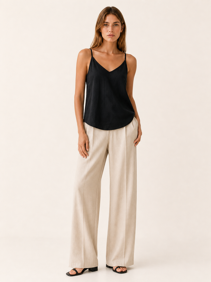White Linen Cami Top with Spaghetti Straps – full length view