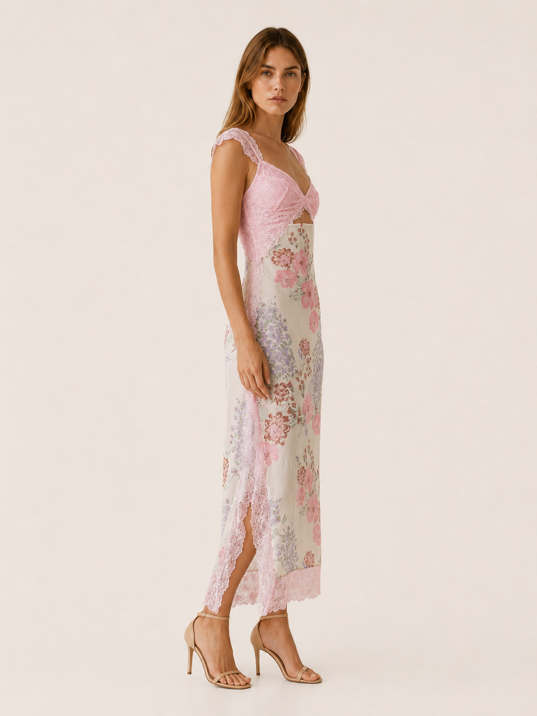 Light Pink Floral Maxi Dress with Lace Bodice and Side Slit – side view