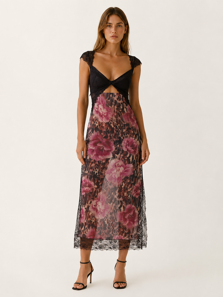 Light Pink Floral Maxi Dress with Lace Bodice and Side Slit – angled view