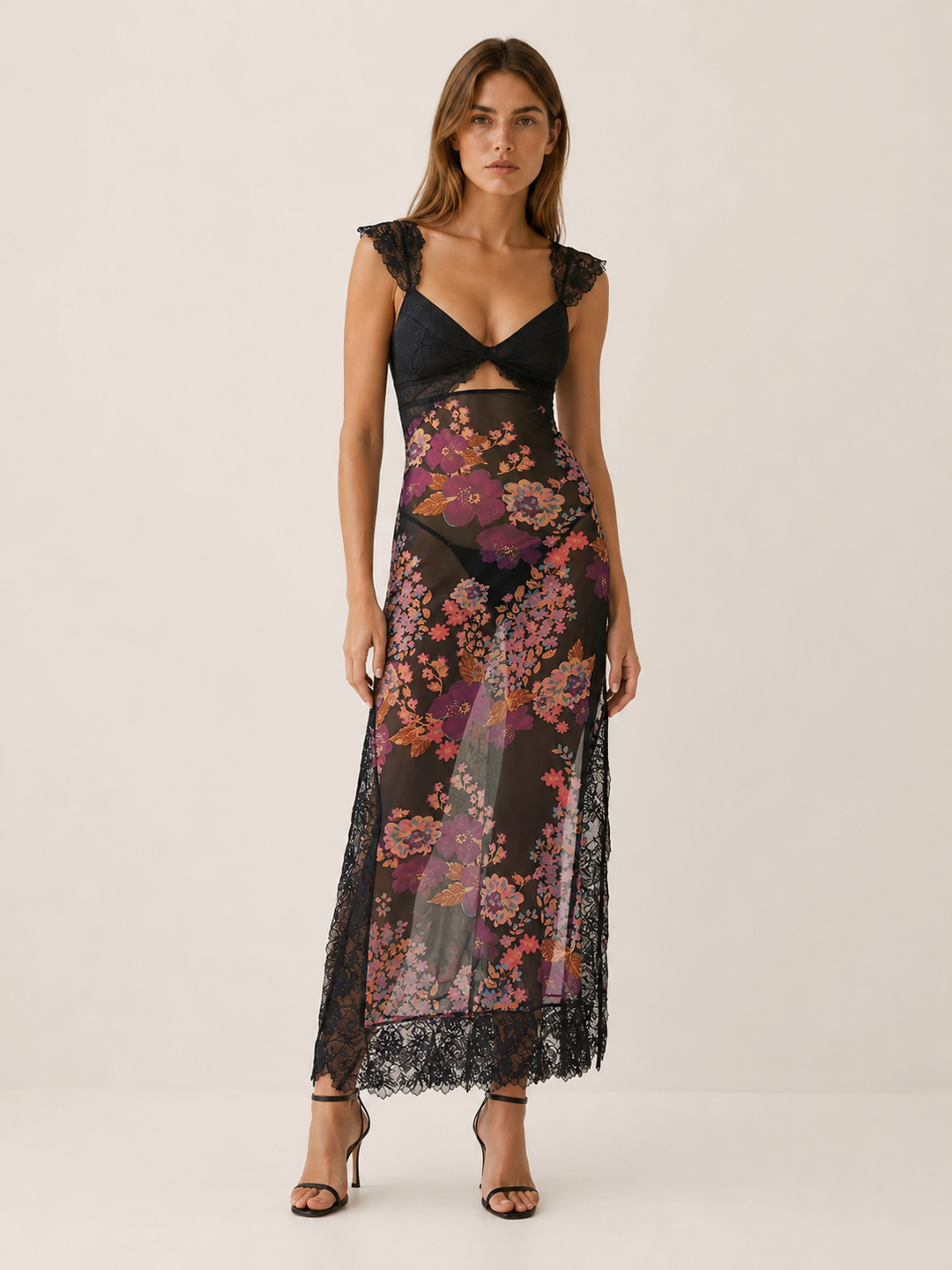 Light Pink Floral Maxi Dress with Lace Bodice and Side Slit – editorial view