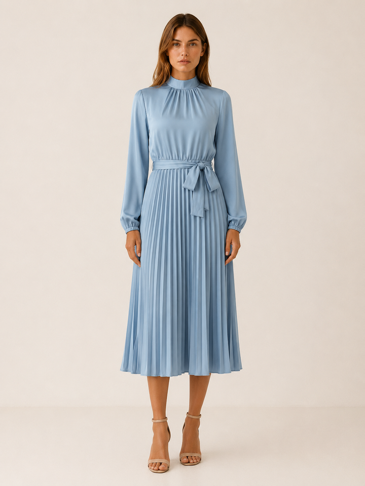 Light Blue Pleated Midi Dress with Long Sleeves and Tie Waist – front view