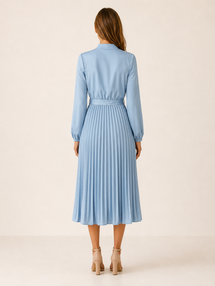 Burgundy Pleated Midi Dress with Long Sleeves and Tie Waist – back view