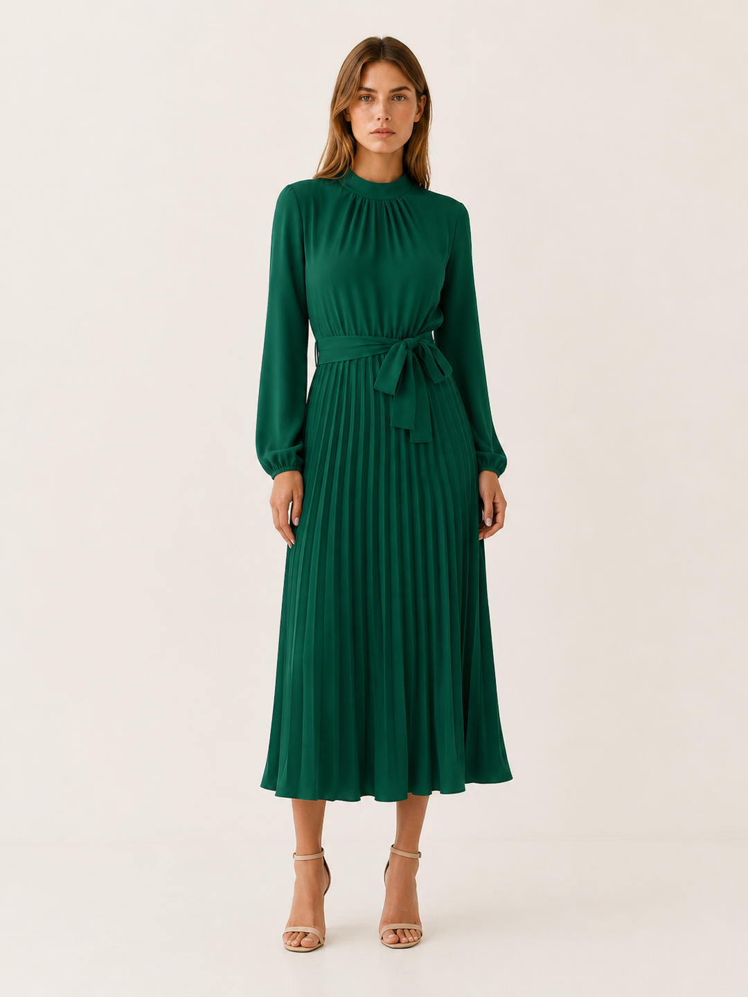 Burgundy Pleated Midi Dress with Long Sleeves and Tie Waist – lifestyle