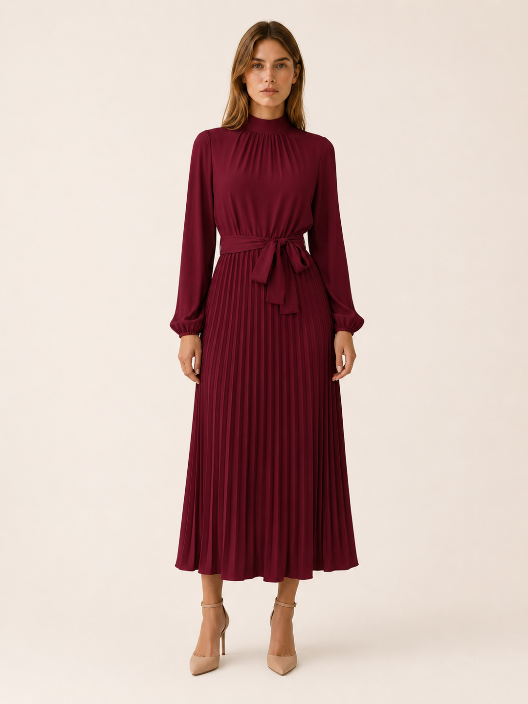 Light Blue Pleated Midi Dress with Long Sleeves and Tie Waist – full length view