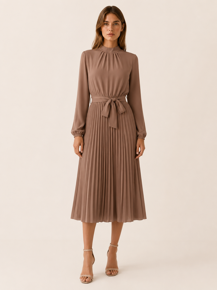 Burgundy Pleated Midi Dress with Long Sleeves and Tie Waist – model view