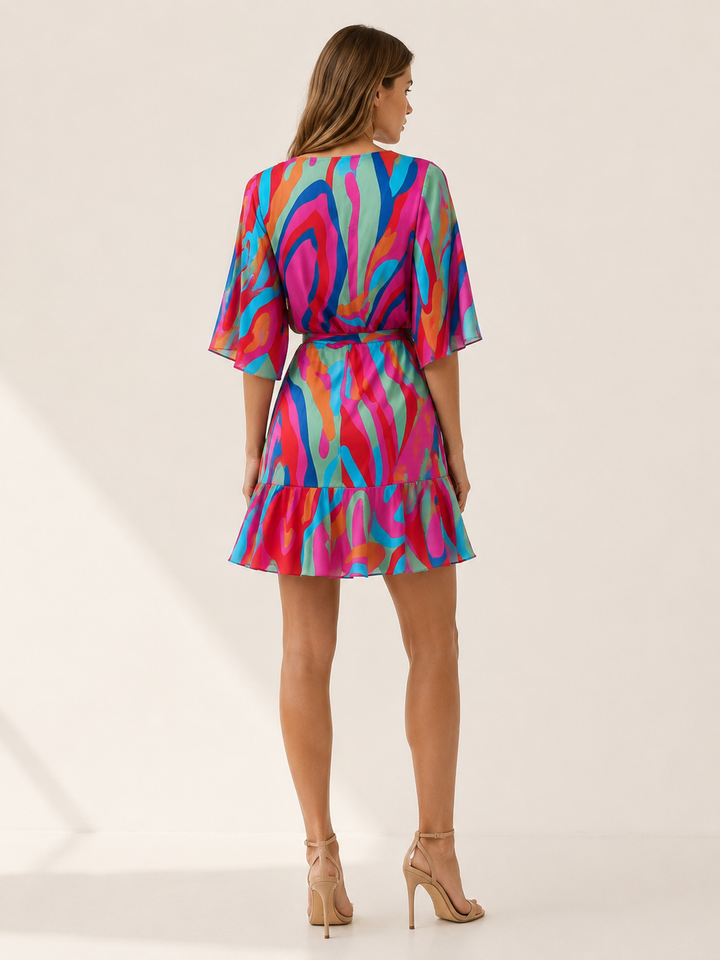 Pink Printed Mini Dress with Batwing Sleeves – back view