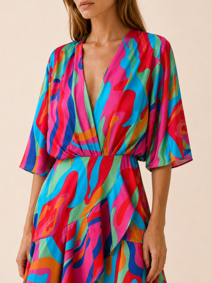 Pink Printed Mini Dress with Batwing Sleeves – detail view