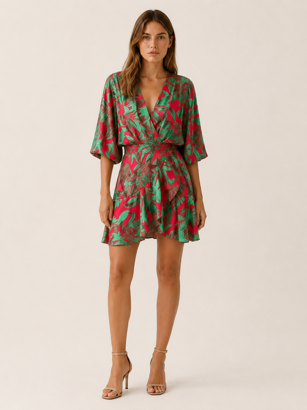 Pink Printed Mini Dress with Batwing Sleeves – angled view