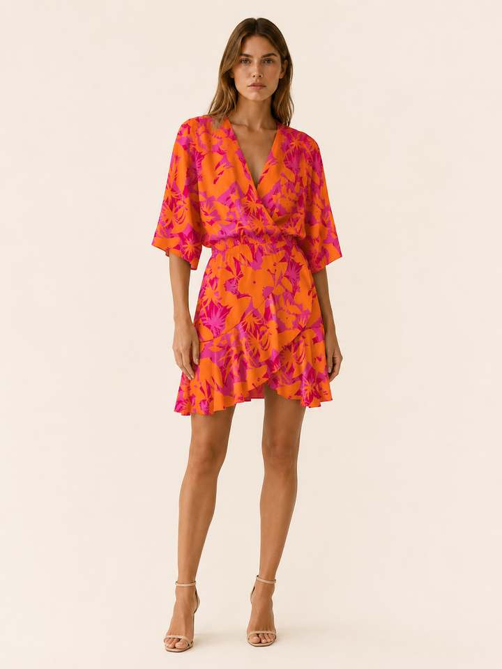 Multicoloured Printed Mini Dress with Batwing Sleeves – model view