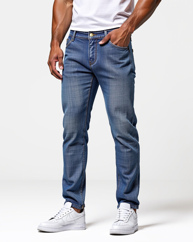 Avenue Slim Fit Jeans Blue Wash Mens Front View | The Ashwell