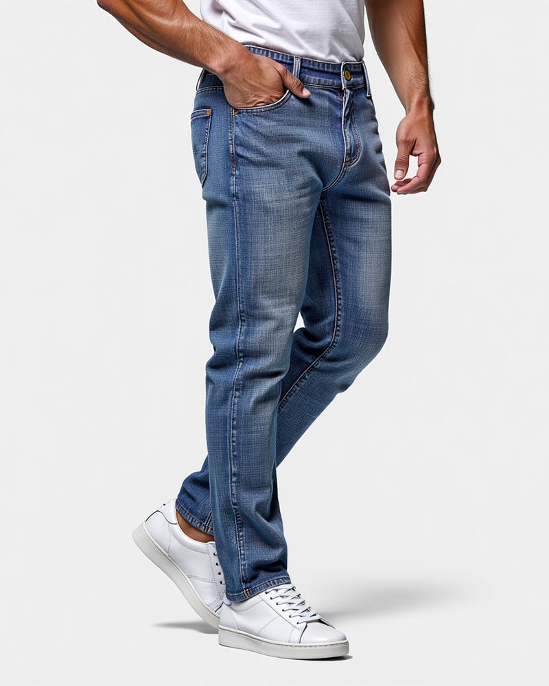 Avenue Slim Fit Jeans Blue Wash Mens Side View | The Ashwell
