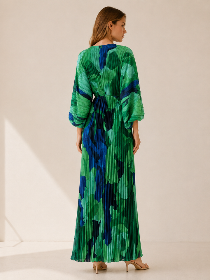 Green Printed Maxi Dress with V Neck and Pleated Finish – back view
