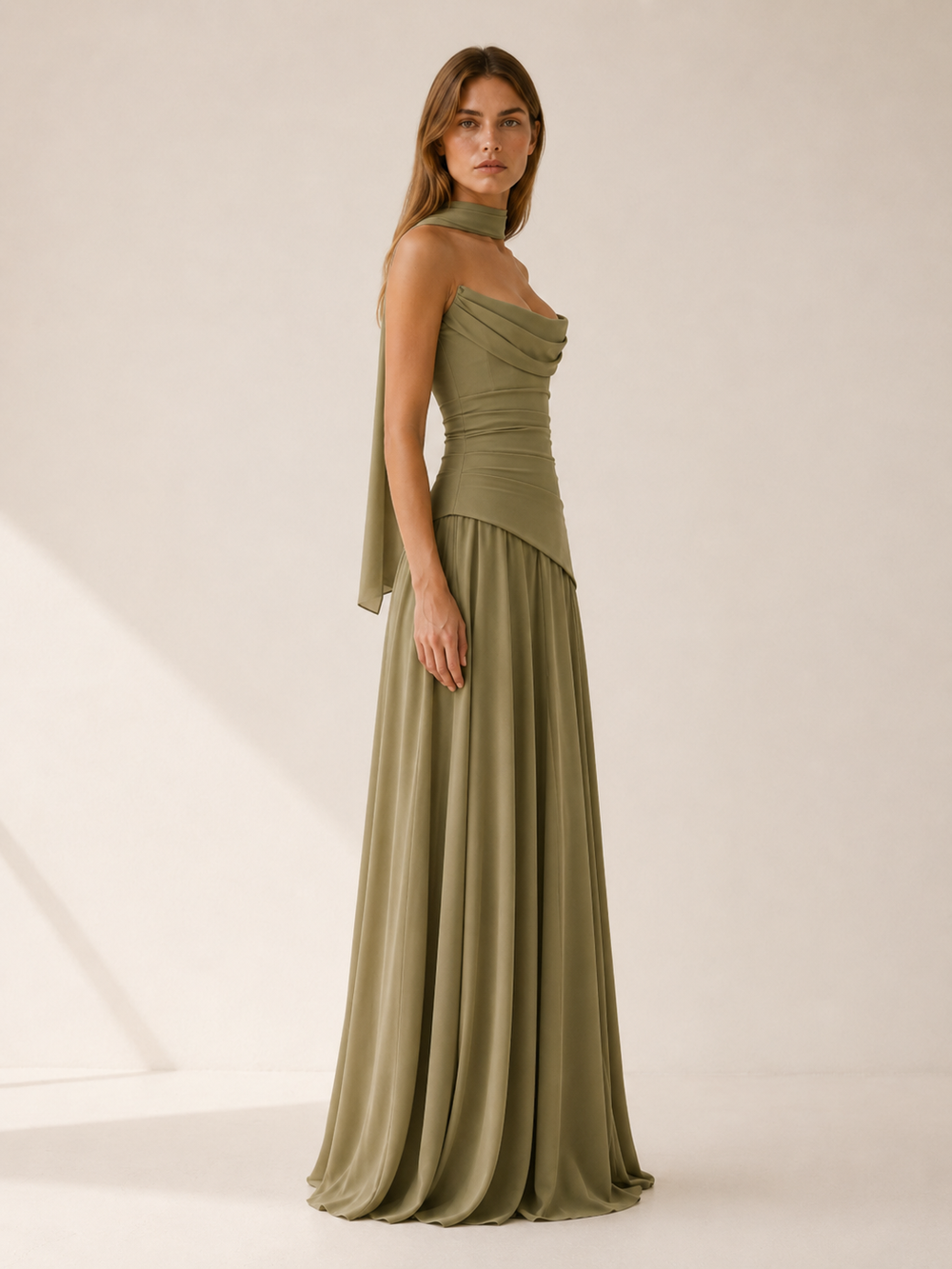 Sage Green Strapless Maxi Dress with Drape Detail – side view