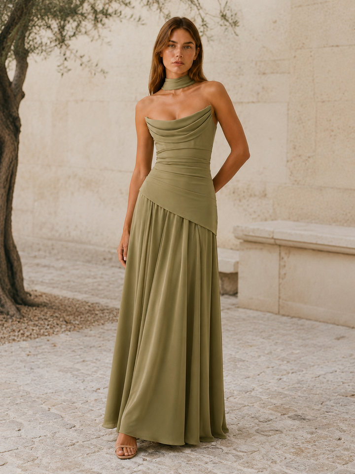 Sage Green Strapless Maxi Dress with Drape Detail – close-up