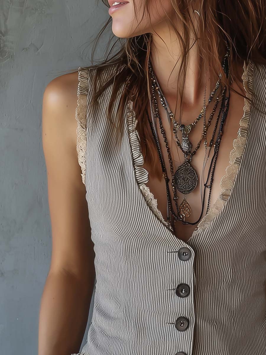 Striped lace trim vest side view