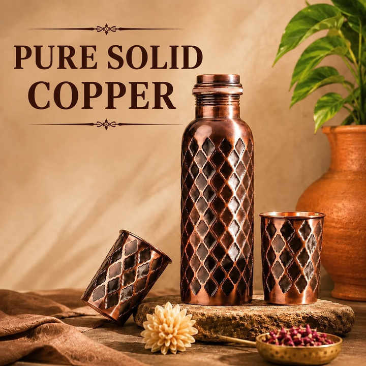 Diamond pure copper water bottle shown for scale next to everyday items